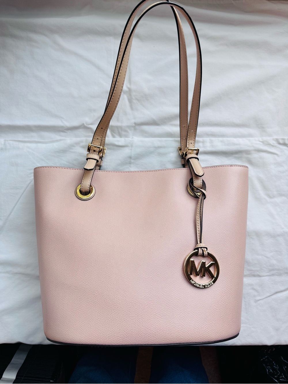 Michael Kors Pink Leather Double-Handle Tote with Gold MK Charm